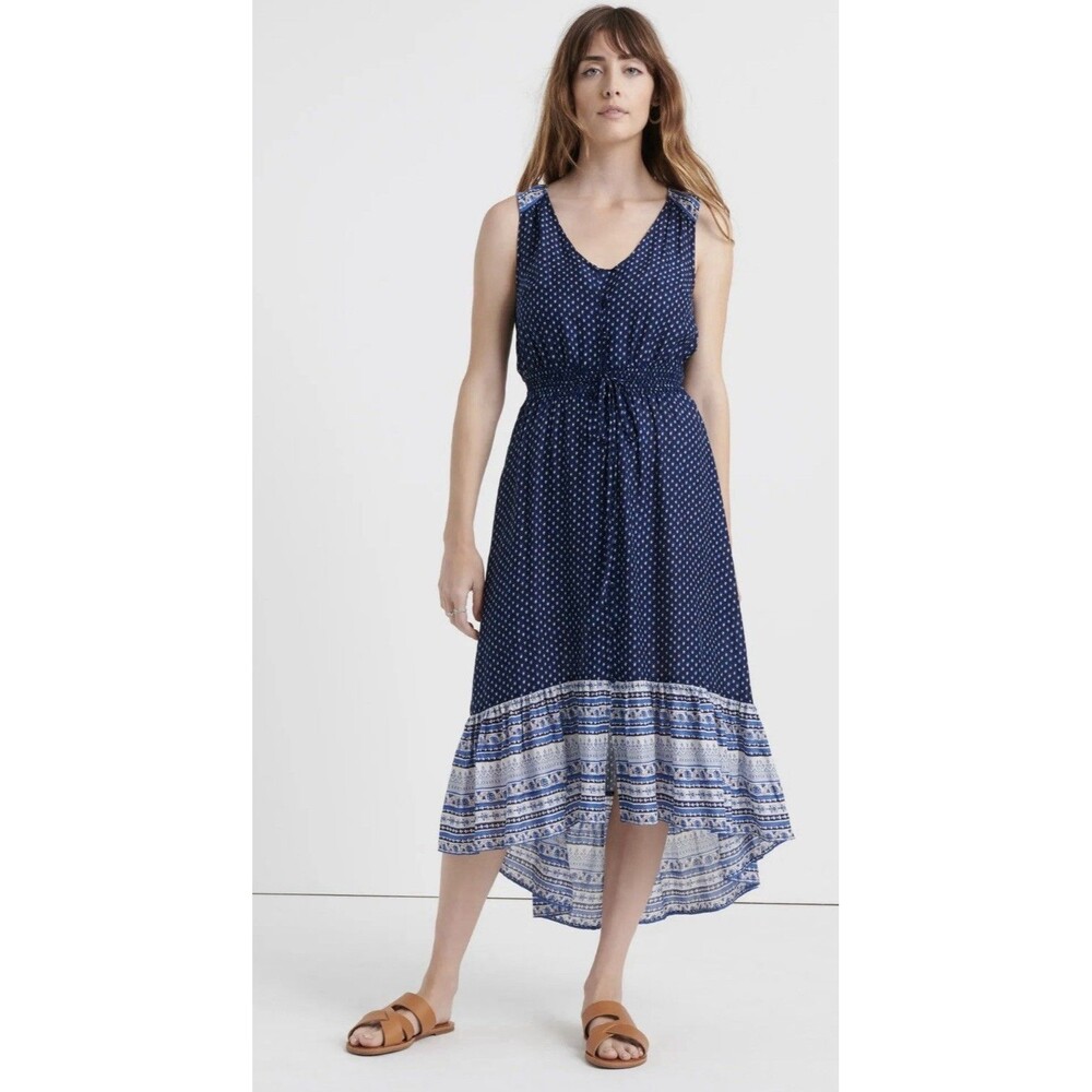 Lucky Brand Felice Dress Boho Navy Blue Smocked High-Low Hem Summer Casual MED